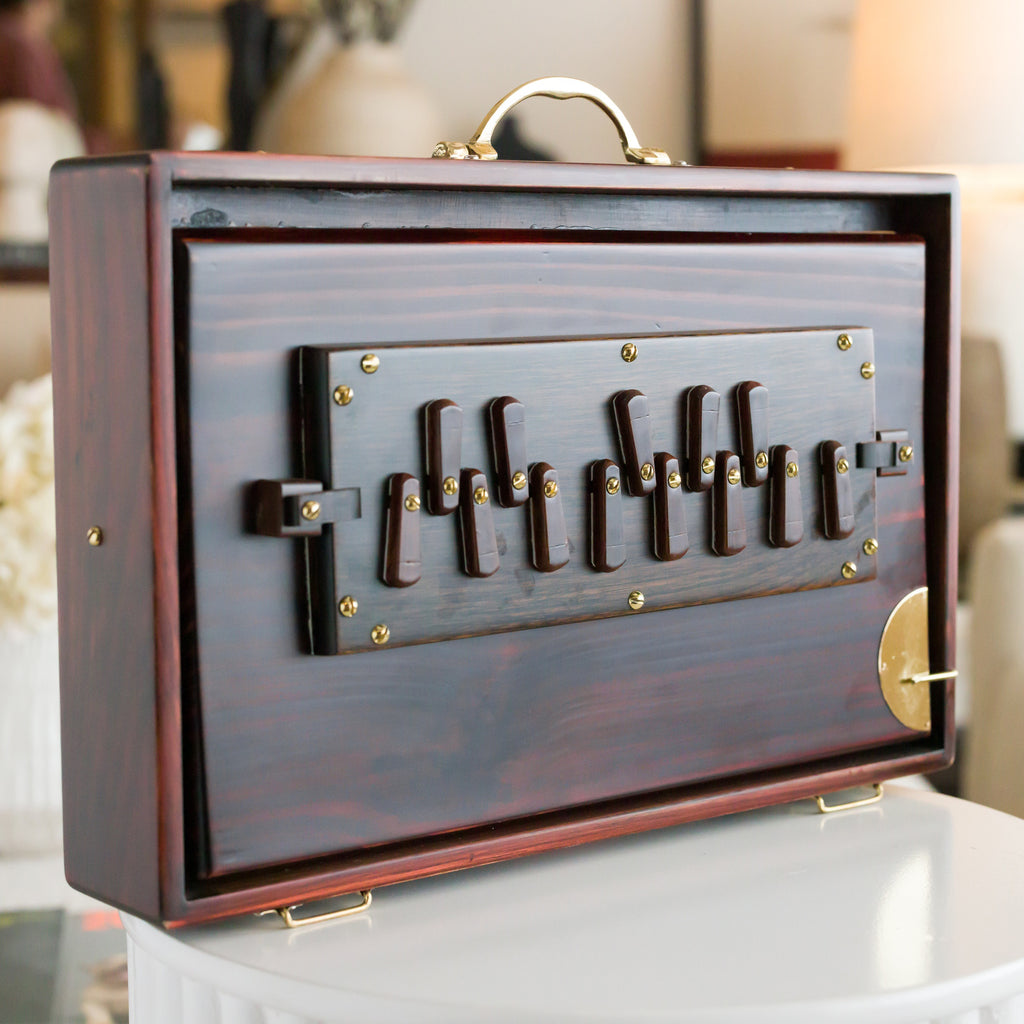 Maharaja Musicals Super Premium Shruti Box, Pinewood, Espresso, Medium - front stops and body