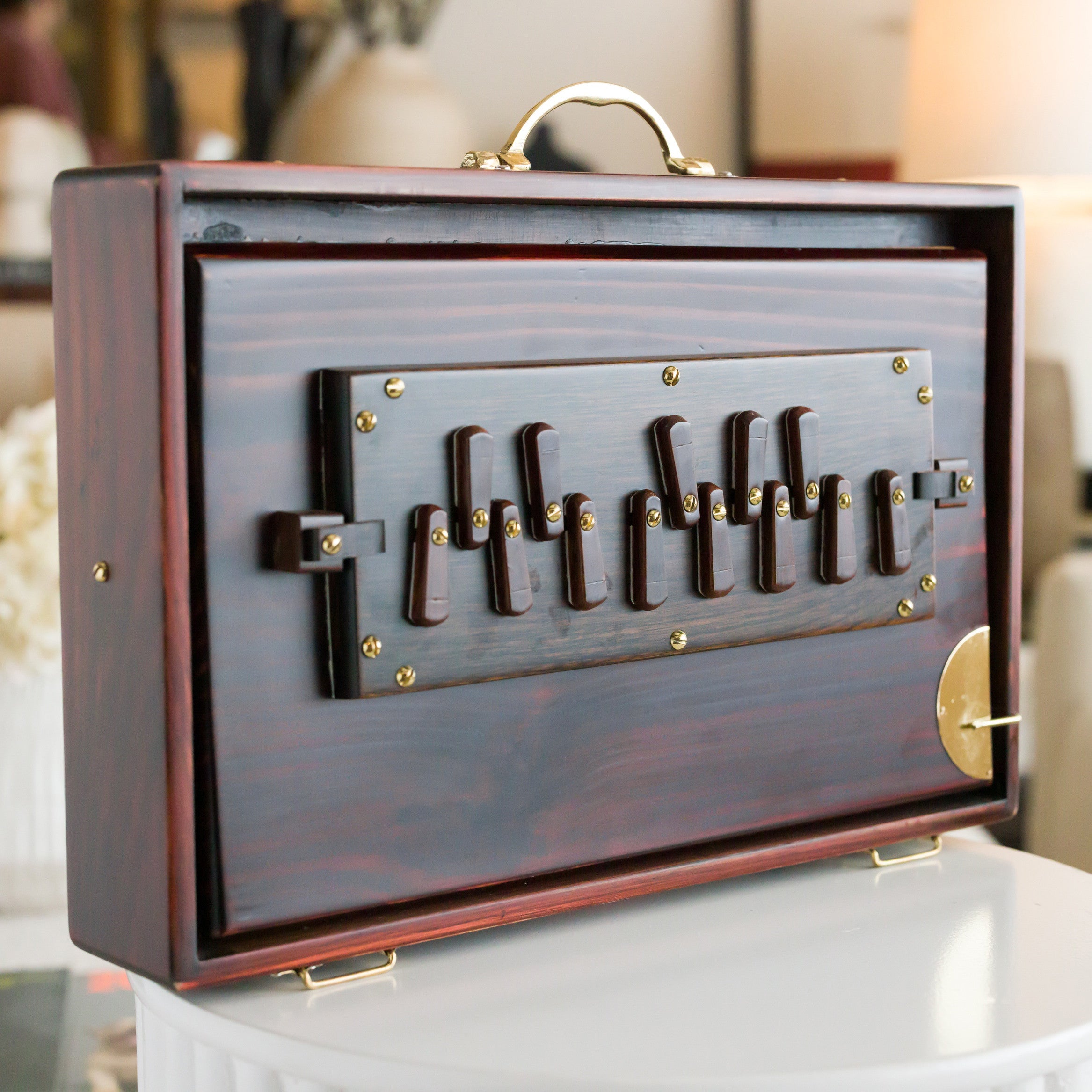 Maharaja Musicals Super Premium Shruti Box, Pinewood, Espresso, Medium - front stops and body